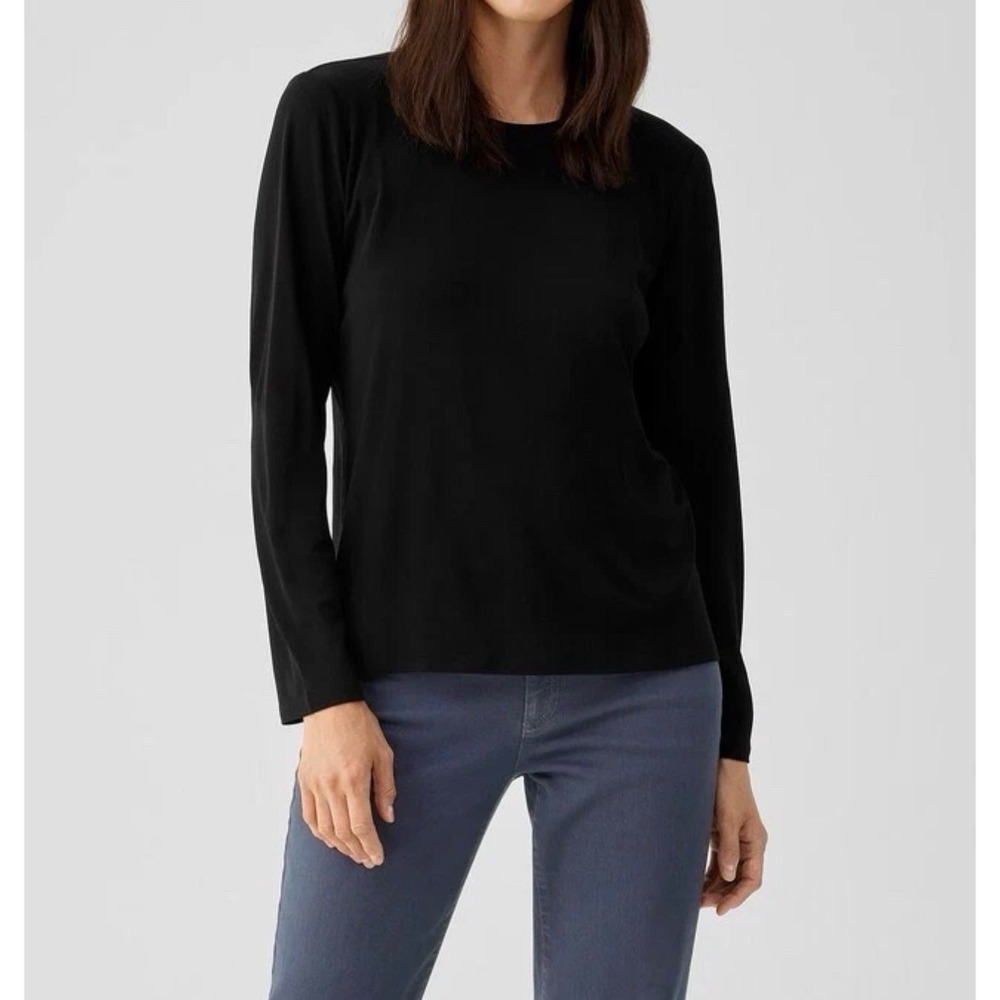 Eileen Fisher Women's L Black 100% Silk Long Sleeve Crew Neck Top